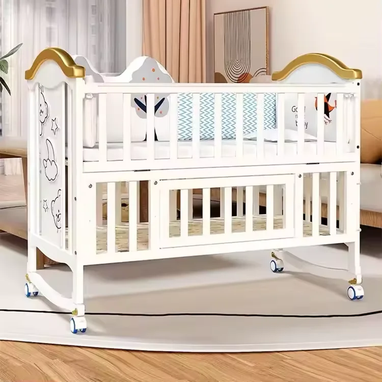 

White Solid Wood Baby Crib and Comfortable Baby Cradle Beds for 0-3 Years Old