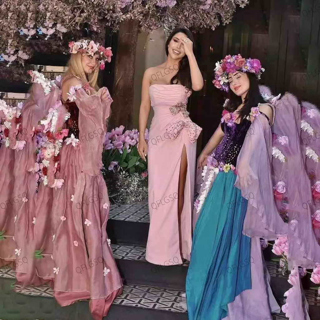 من المألوف الوردي الساتان فساتين الزفاف قبالة الكتف عدة مطرز القوس ألف خط الطابق طول الجانب سبليت مساء اللباس استحمام الطفل