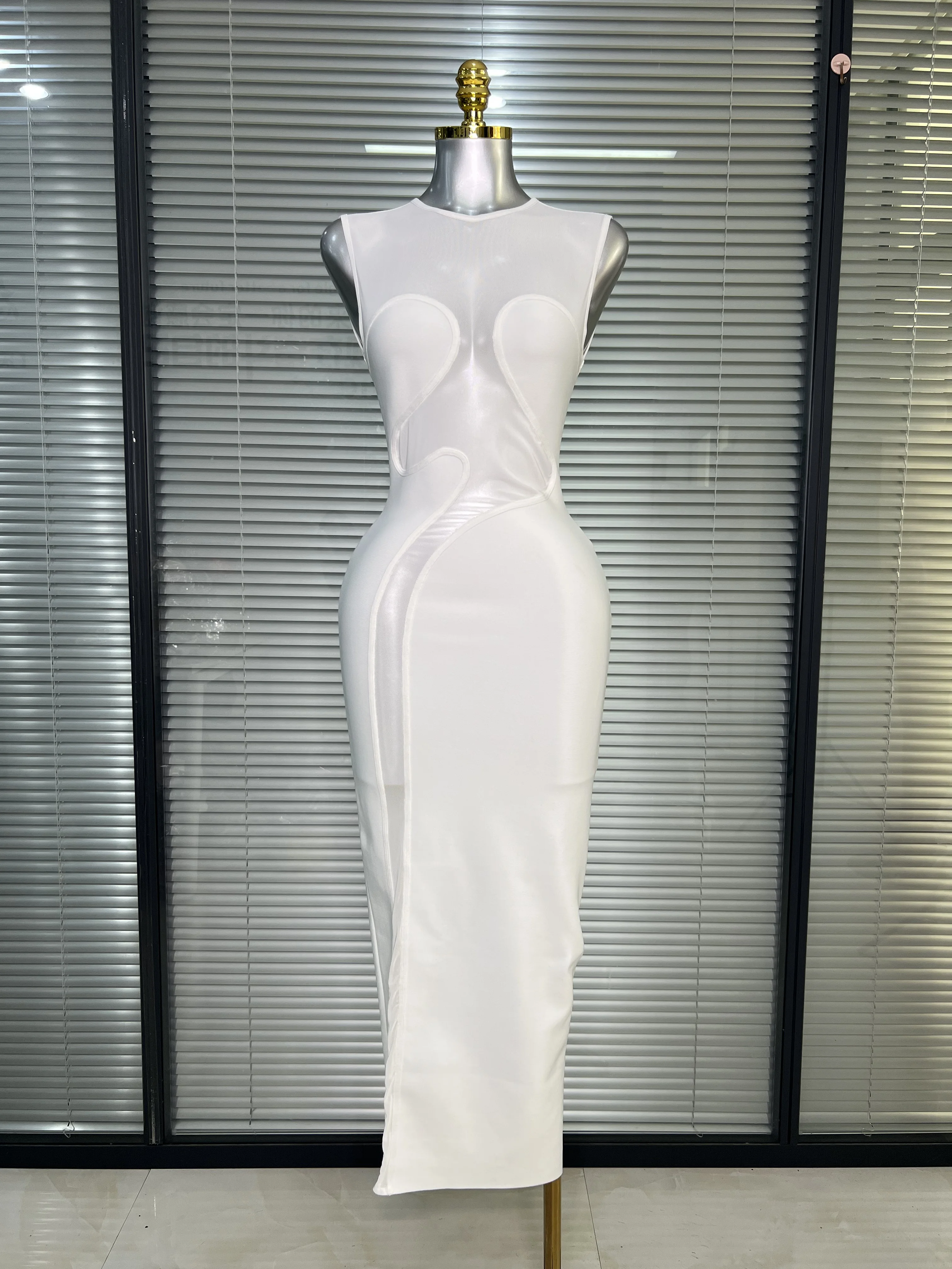 Summer New 2025 Women Black White Long Bodycon Bandage Dress Knitted Mesh Tank Evening Party Dress Vestido