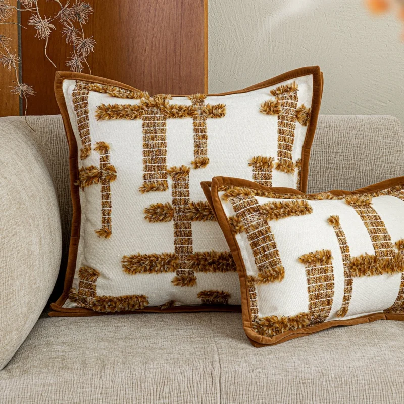 Geometric Flora Jacquard Pillows Luxury Brown Burgundy Cushion Case Modern Square Decorative Pillow Cover For Sofa Chair Decor