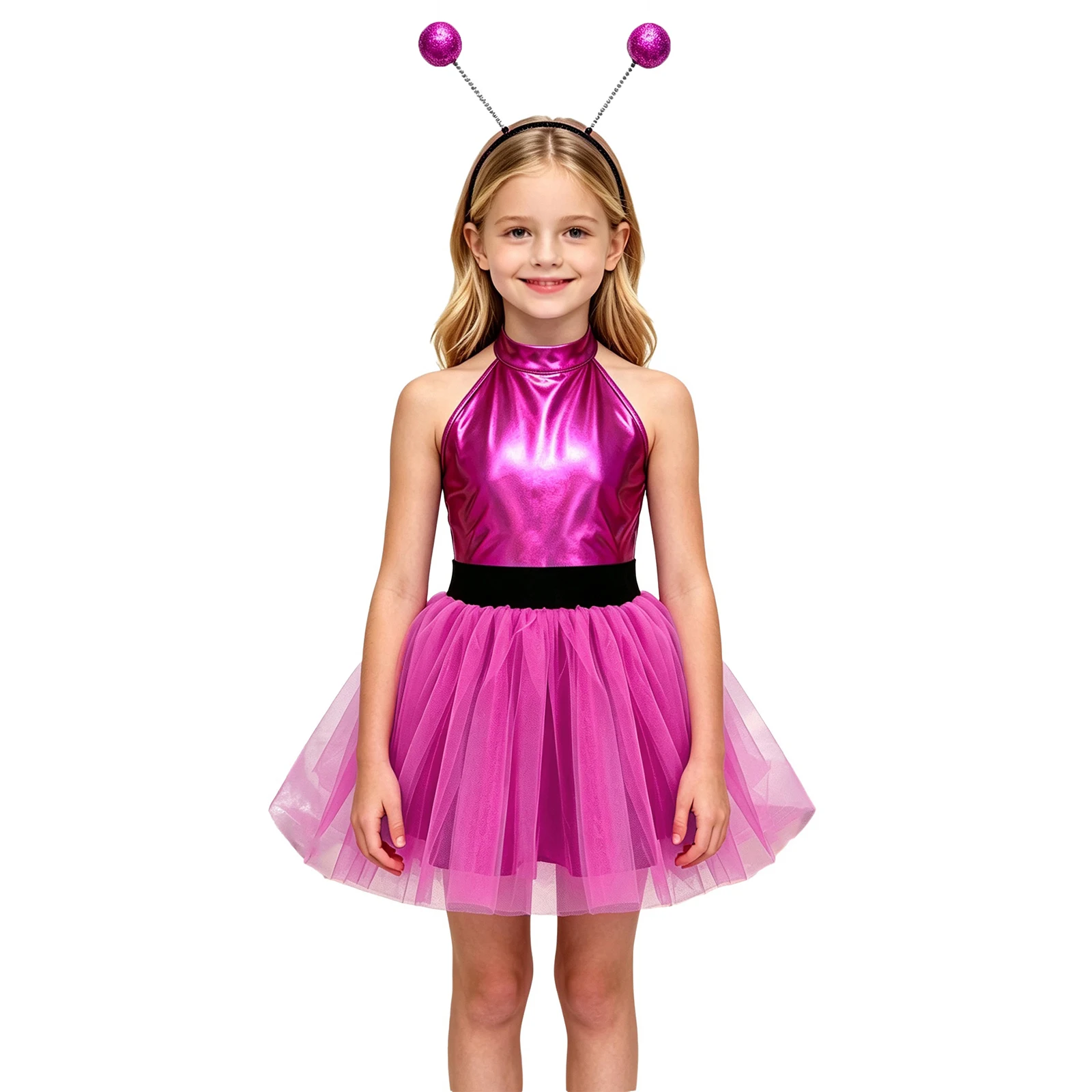 Girls Metallic Shiny Outer Space Tutu Dress Halter Sleeveless Tulle Ballet Dress Hair Hoop Set Halloween Alien Robot Dress Up