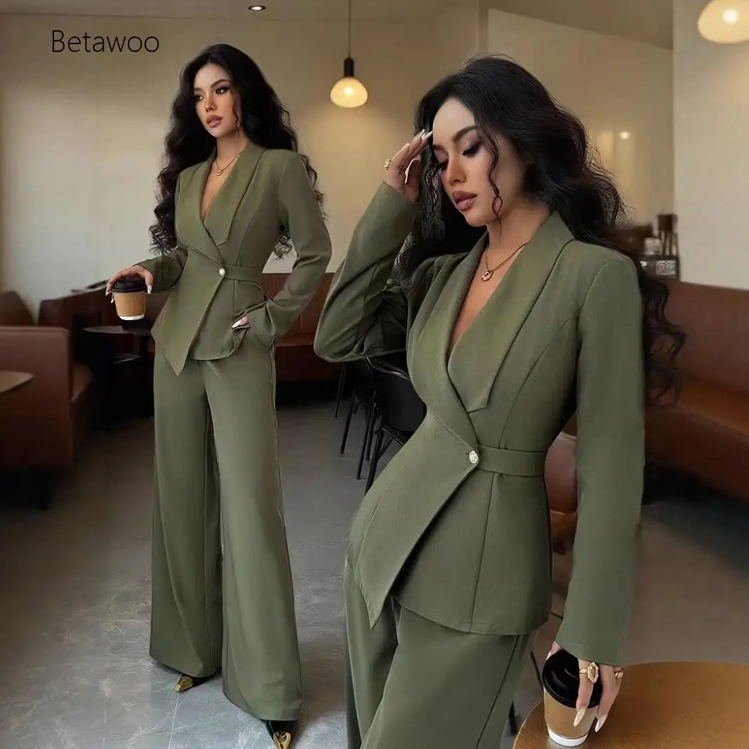 

Women's 2-Piece Outfit, Olive Green Belted Blazer with Pants