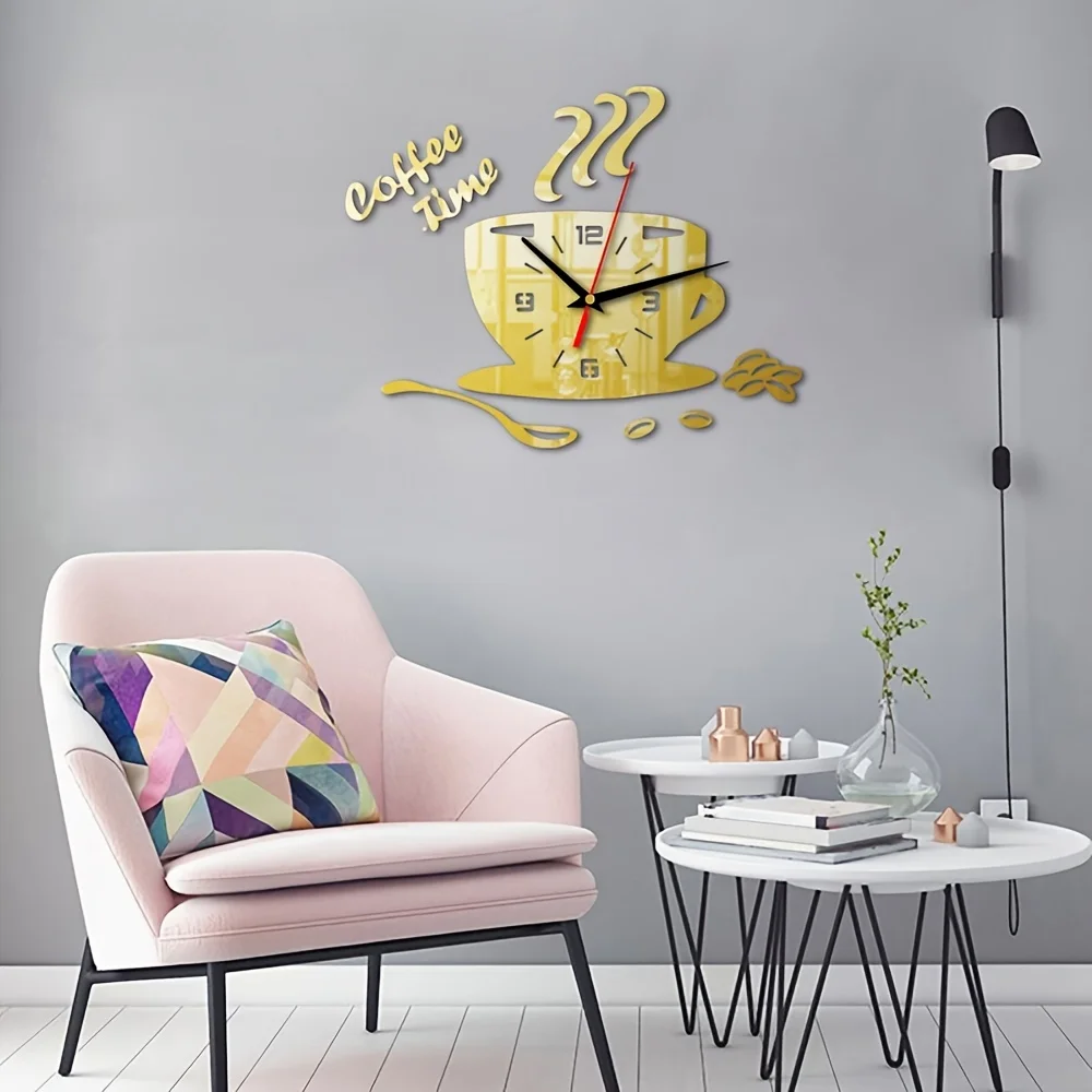 ملصقات حائط على شكل فنجان القهوة، ساعة حائط مرآة أكريليك إبداعية يمكنك صنعها بنفسك، ديكور منزلي بسيط، ساعة كوارتز كتم الصوت بدون بطارية #2