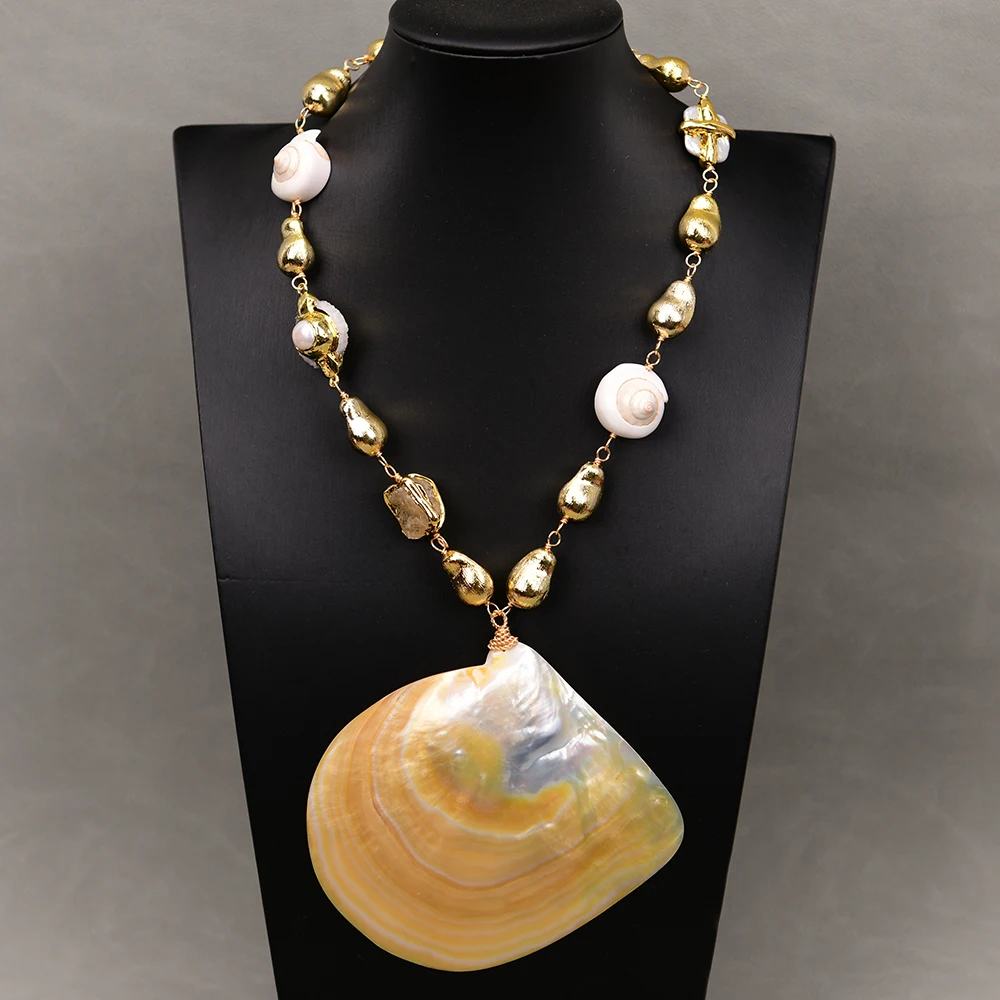 G-G Natural Mix Stone Citrine Quartz Pearl Gold Plated Brushed Beads Necklace Big Yellow Sea Shell Pendant For Lady