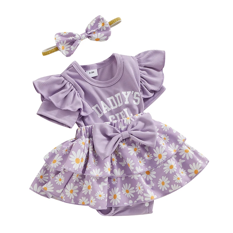 Daddy’s Girl Baby Outfit Ruffle Short Sleeve Letter Print Romper Dress Daisy Tutu Skirt Bodysuit with Headband Set