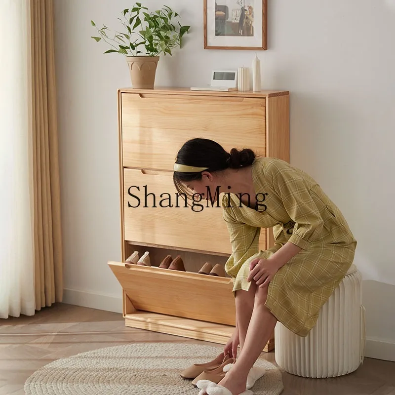 

ZHB solid wood tipping bucket shoe cabinet ultra-thin household door simple modern pure solid wood space saving G