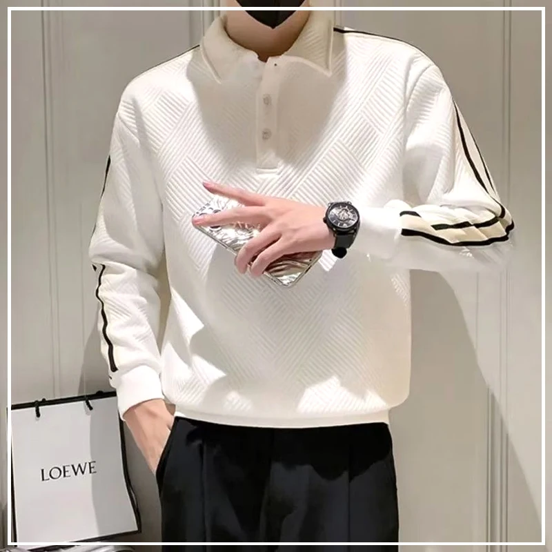 

Korean Version Loose Leisure Show Off Weight Versatile Handsome Montage Stripe Men's Long Sleeved Polo Shirt Spring Autumn 2024