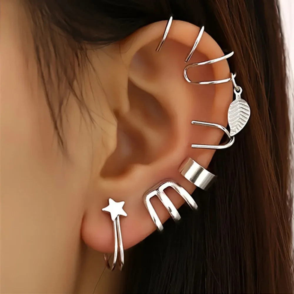 Silvery Ear Cuff Set for Women Non Piercing Earrings Leaf Star Fake Cartilage Piercing Clip on Stackable Ear Cuffs Jewelry Gift