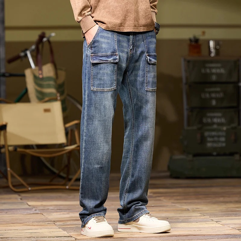 Retro blue multi-pocket cargo jeans for men Fashion high-end loose plus size men's jeans autumn and winter stretch trousers
