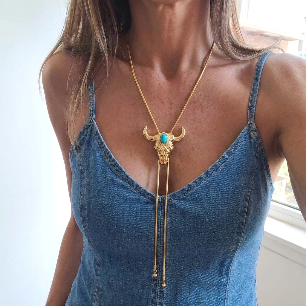 Bohemian Style Adjustable Bull Head Hat Necklace Women's Vintage Simple Rope Snake Bone Chain Long Necklace Party Jewelry Gift
