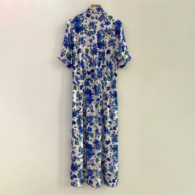 Zadig Female Blue Long Dress Casual Elasticat Long Sleeve Robes Women Long Sleeve Lapel Chic Floral Print Dresses Lady Robes