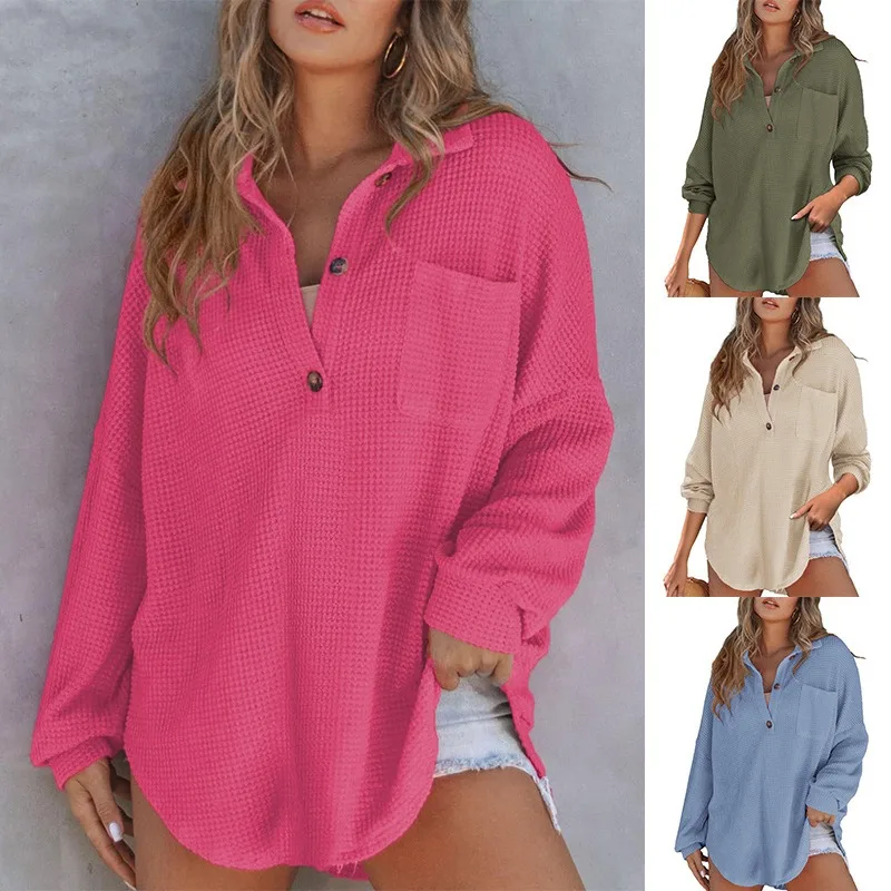 Women's Waffle Collar Long Sleeve Top Henry V-neck Solid Color Casual Belted Shirt