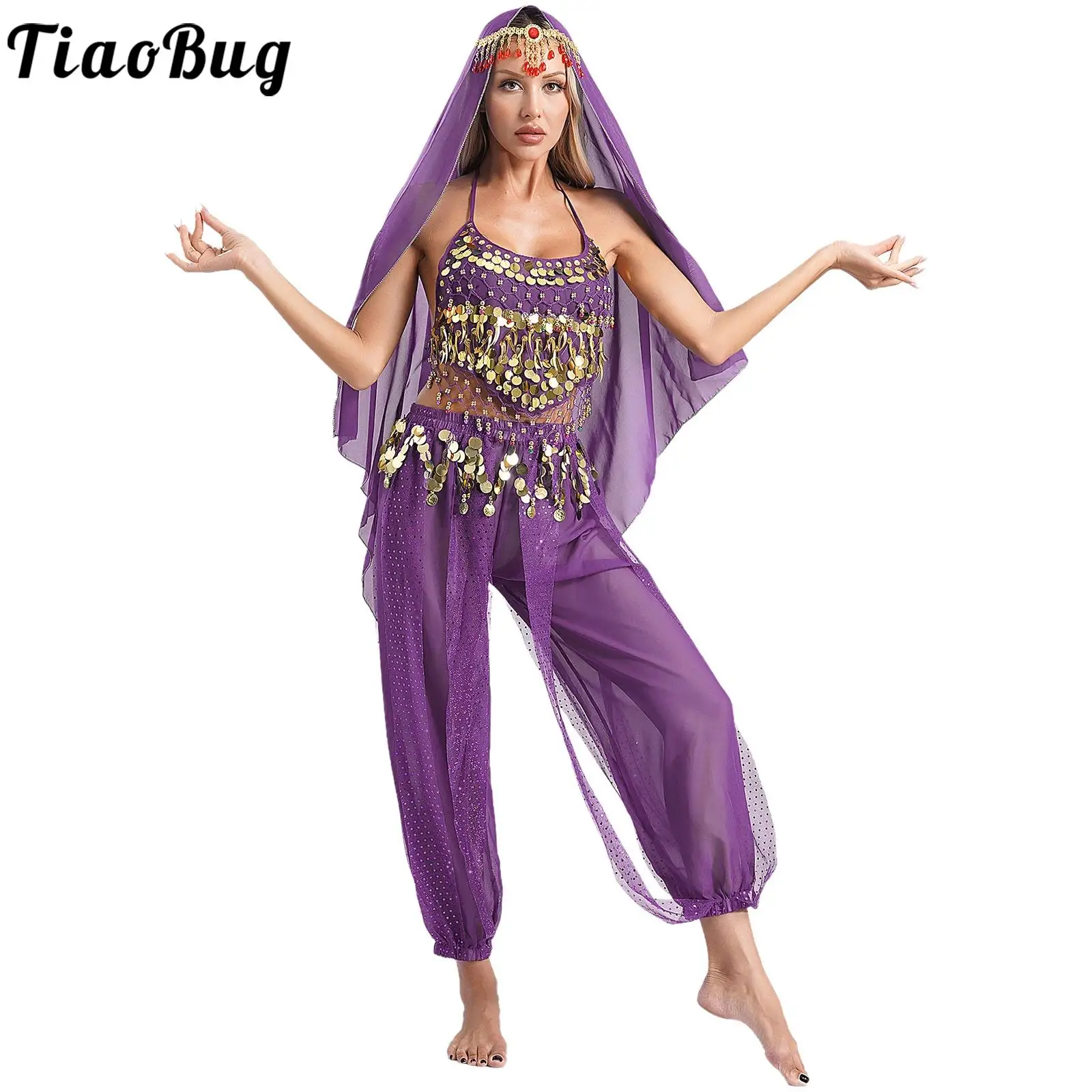 

Women's Belly Dance Costume Bollywood India Arabian Princess Outfits Halloween Carnival Fancy Dress Up Crop Top with Pants Set