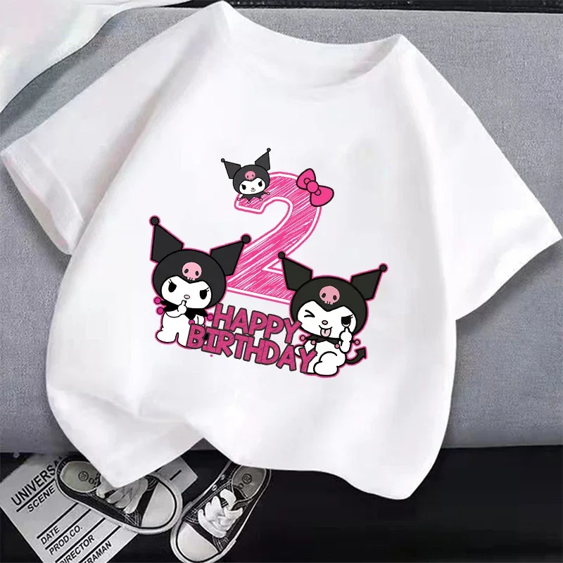 Sanrio Kuromi Children\'s T-shirt Cotton Cartoon Character Figure Black White T-shirt Cute Short Sleeve Boy Girl Loose Clothing