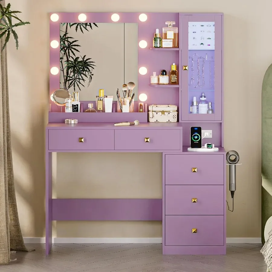 HUANLEGO Vanity Desk with Mirror and Lights, Purple Makeup Vanity Set with 5 Drawers, Jewelry Organizer LED Glass Cabinet, 3 Li