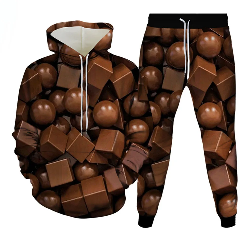 Autunno Candy Chocolate Pizza Felpa con cappuccio stampata in 3D Felpa da uomo Pantaloni sportivi Moda Tuta a due pezzi Set Abbigliamento uomo
