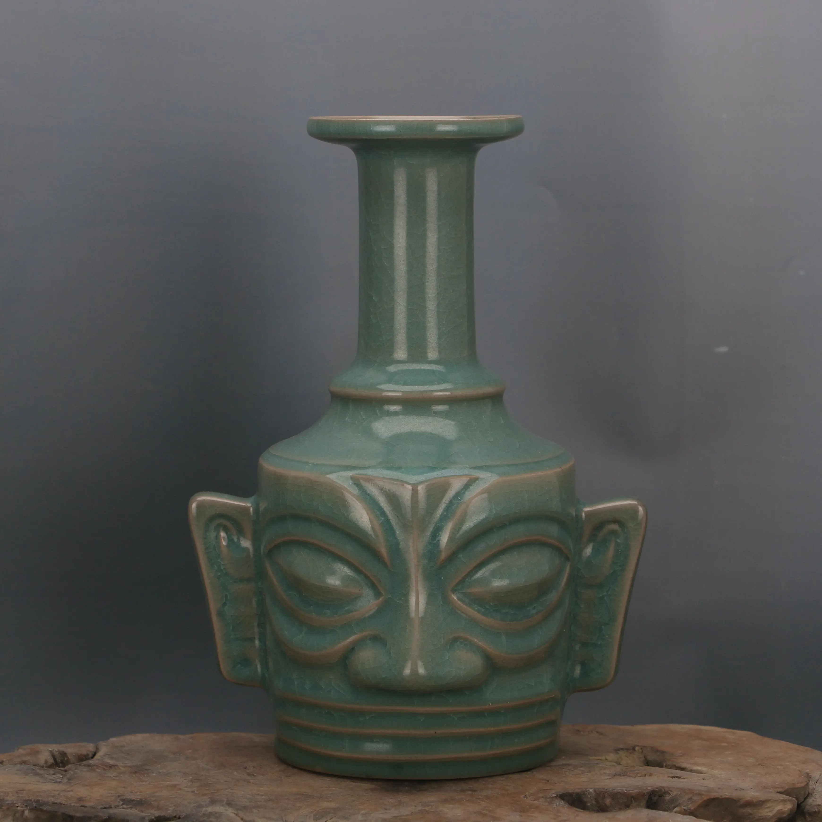 Song Ru Ware Green Glaze Crackle Sanxingdui Style Vase Reproduction Porcelain Handmade Collectible Home Decor