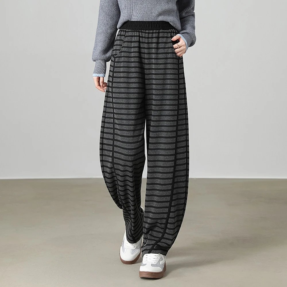 

European gray striped casual pants for women's autumn and winter new high-end fashion plus size Haren sports banana pants