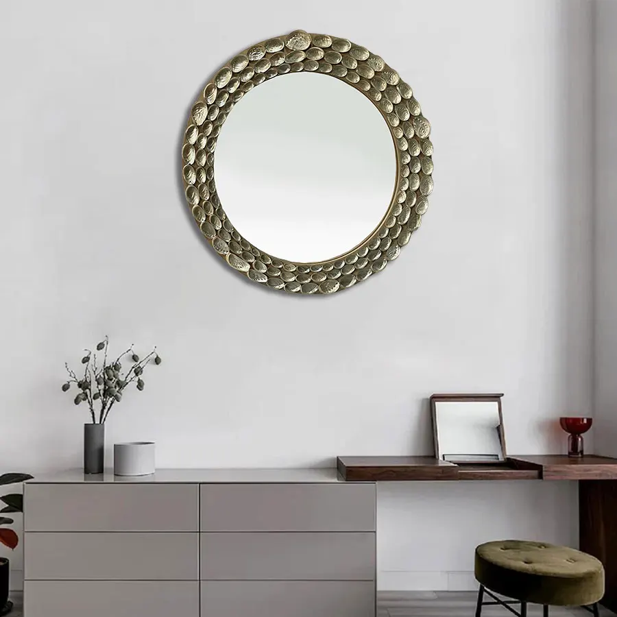 

Original Art Round Metal Wall Mirror with Leather Wrap Contemporary Design for Wedding Home Decor