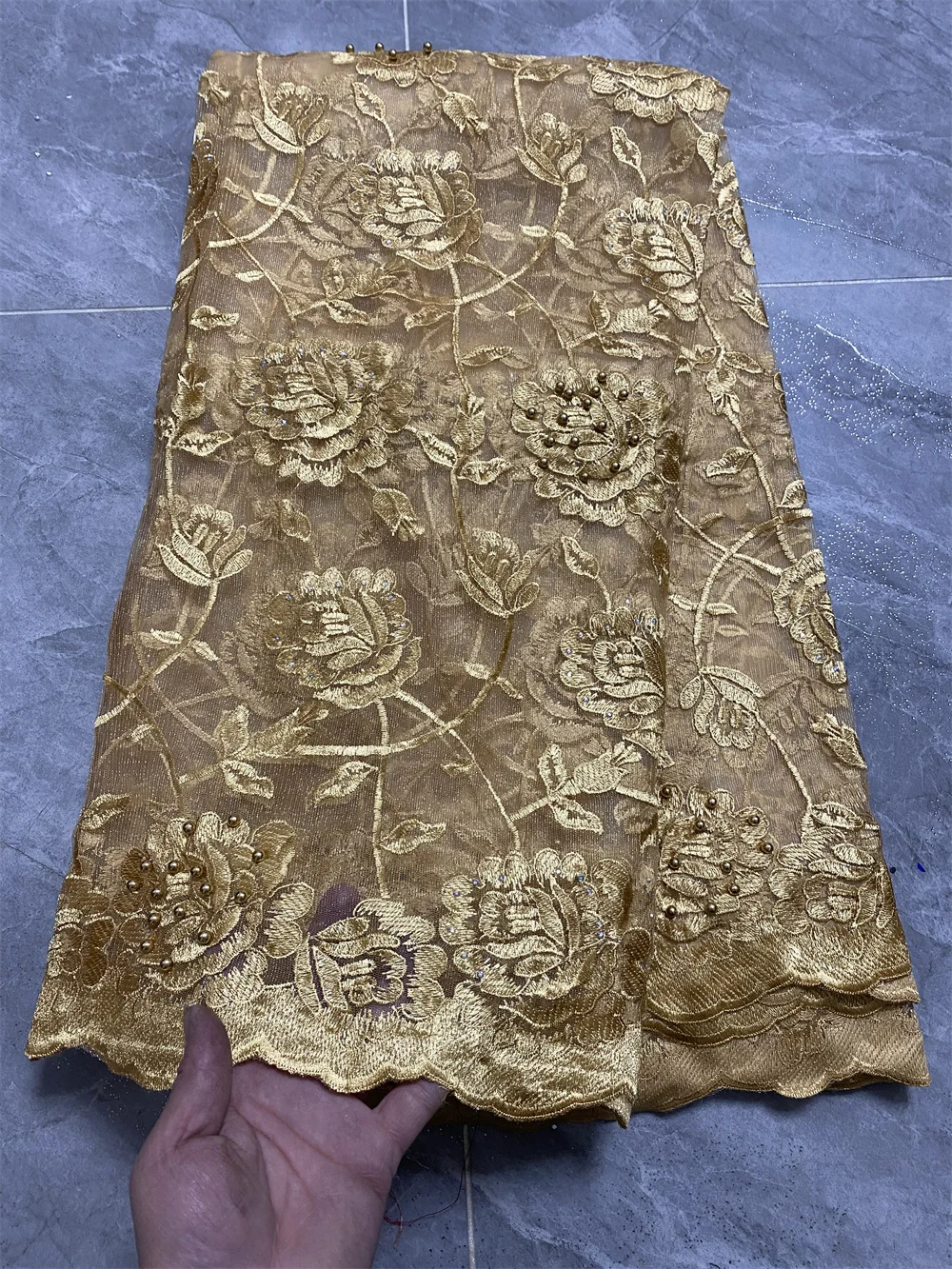 

Gold African Lace Embroidered Net Fabric, Beaded French Lace, Women Dress, High Quality, 5 Yards