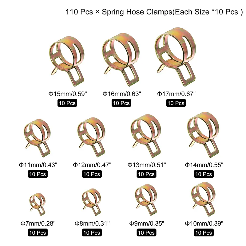 

110Pcs 7-17mm 65Mn Steel Spring Hose Clamp Steel Buckle Water Pipe Hoop Action Fuel/Silicone Vacuum Hose Pipe Clamp Kits