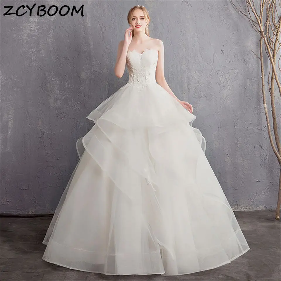 Customized Strapless Tulle Appliques Tiered Wedding Dresses For Women 2025 Sweep Train Ball Gown Bridal Gown Vestidos De Novia