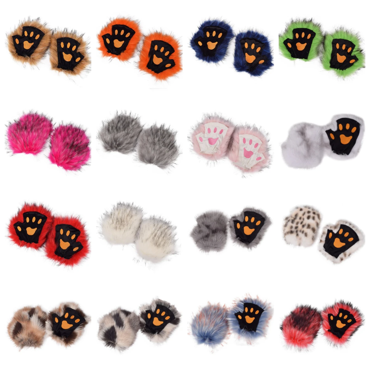 Furry Cosplay& Seven Q Cos Wolf Paw Gloves Faux Fur Cat Fingerless Mittens Winter Warm Halloween Fancy Party Costume Accessories