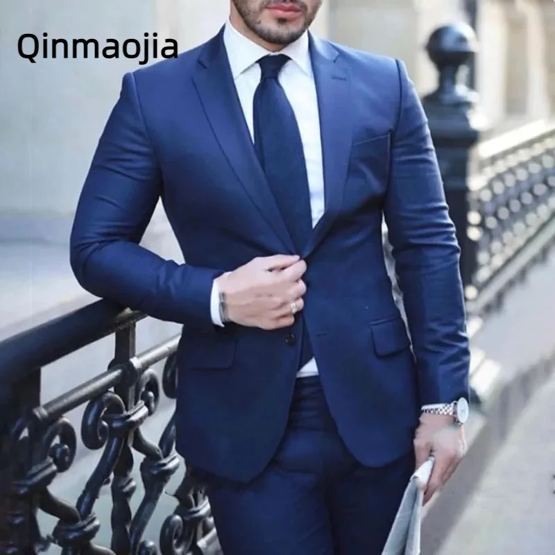 

Fashion Navy Blue Mens Suits Slim Fit Formal Business Wedding Groom Tuxedo 2Piece Set Banquet Casual Costume Pants