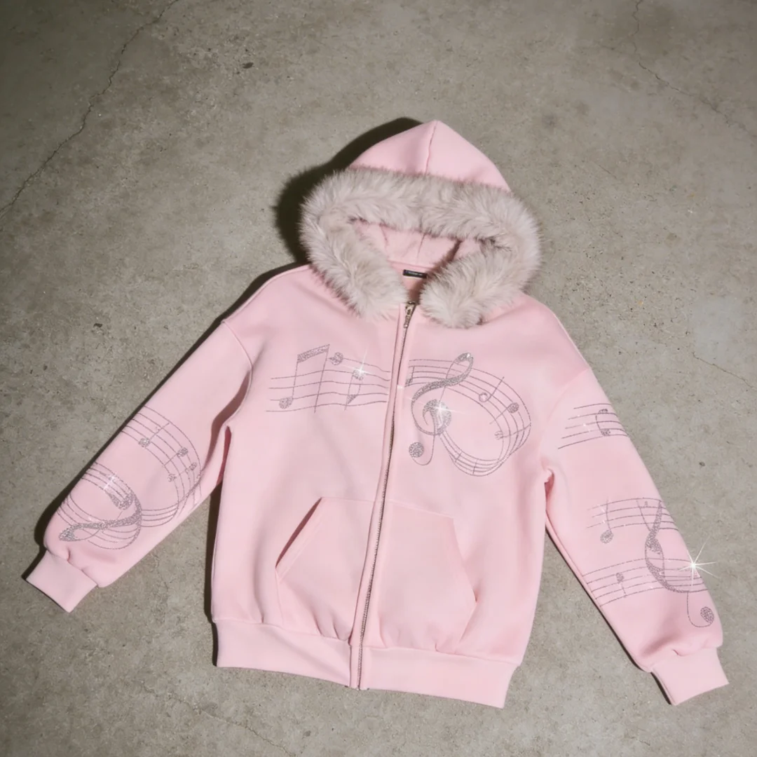 Women's Casual Daily Outerwear Pink Embellished Music Score Print Faux Fur Trim Hooded Full Zip Sweatshirt 2026 - view 2