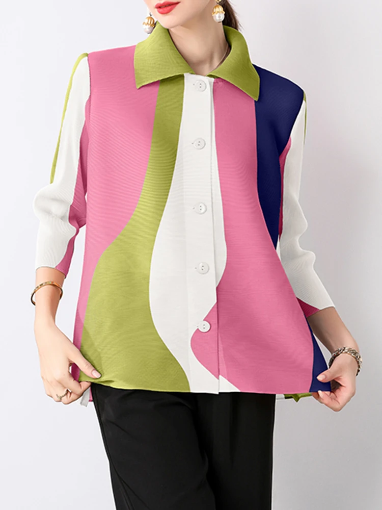 GVUW Pleated Color Block Shirts Women Lapel Full Sleeve Single Breasted Versatile New 2024 Female Loose Casual Tops 17G8578