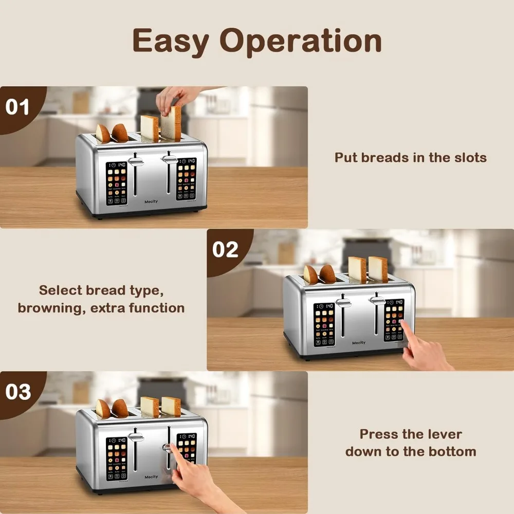 Controllo Touch Screen per tostapane a 4 fette 4 Slot larghi, per Waffle per Muffin, pannello a doppio controllo, Timer, sbrinamento, riscaldamento, 120V 1650W