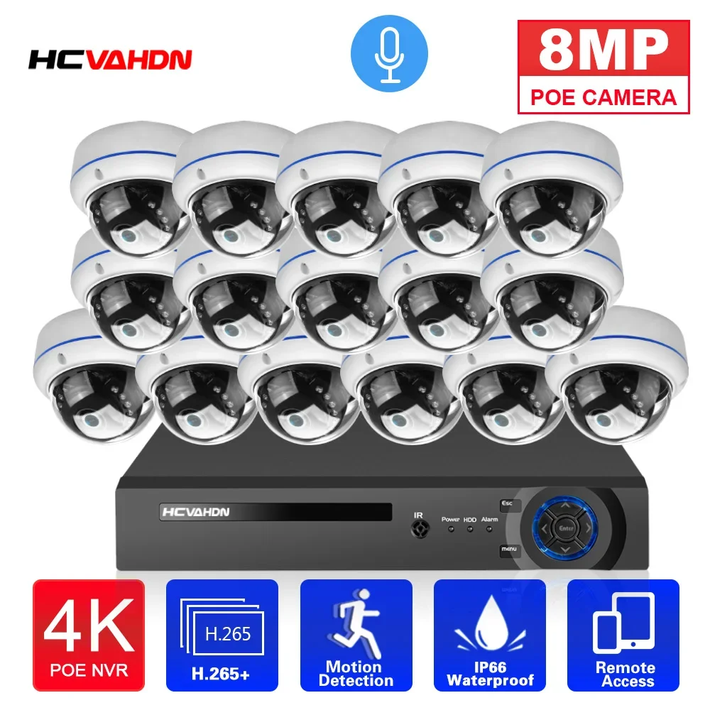 

H.265 CCTV Camera Security System Kit 4K 16CH POE NVR Kit outdoor Audio waterproof IP Dome video Surveillance Cameras System Set