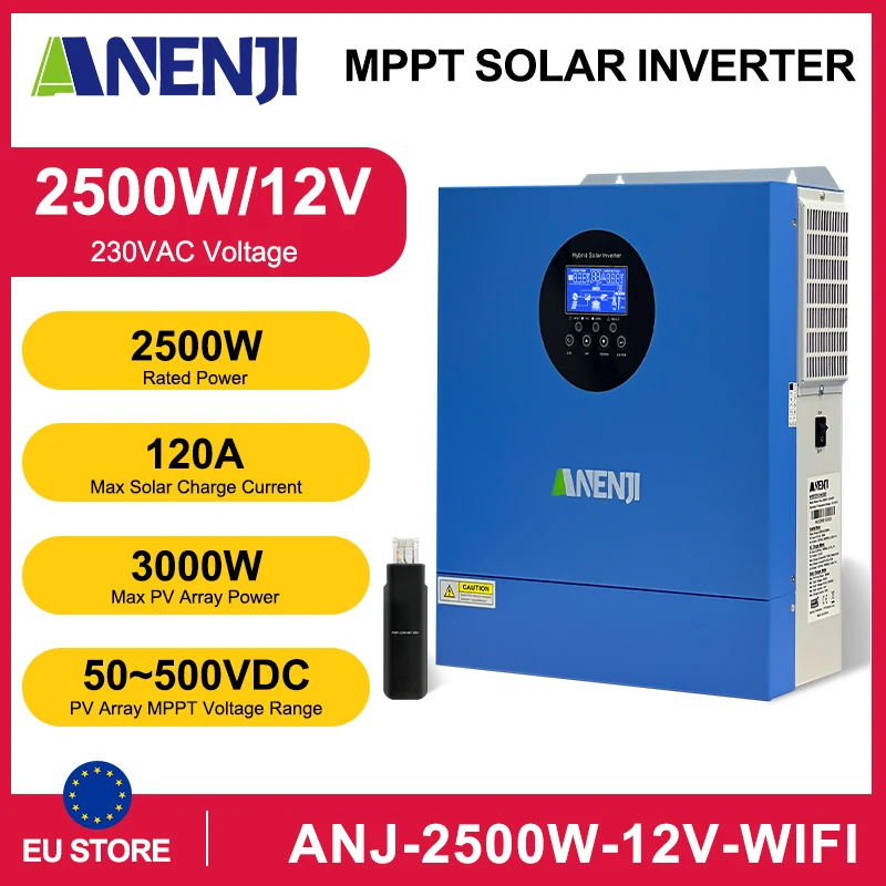 ANENJI 2K Hybrid-Solarwechselrichter 12V 230V Reiner Sinus 220V 120A MPPT WIFI Wechselrichter für PV Lifepo4-Batterie