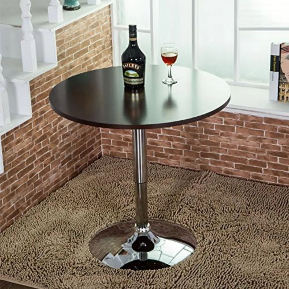 Bartafel en stoelen Zwart in hoogte verstelbaar rond pubbureau en 2 zwarte draaibare barkrukken op tegenhoogte voor eetkamer