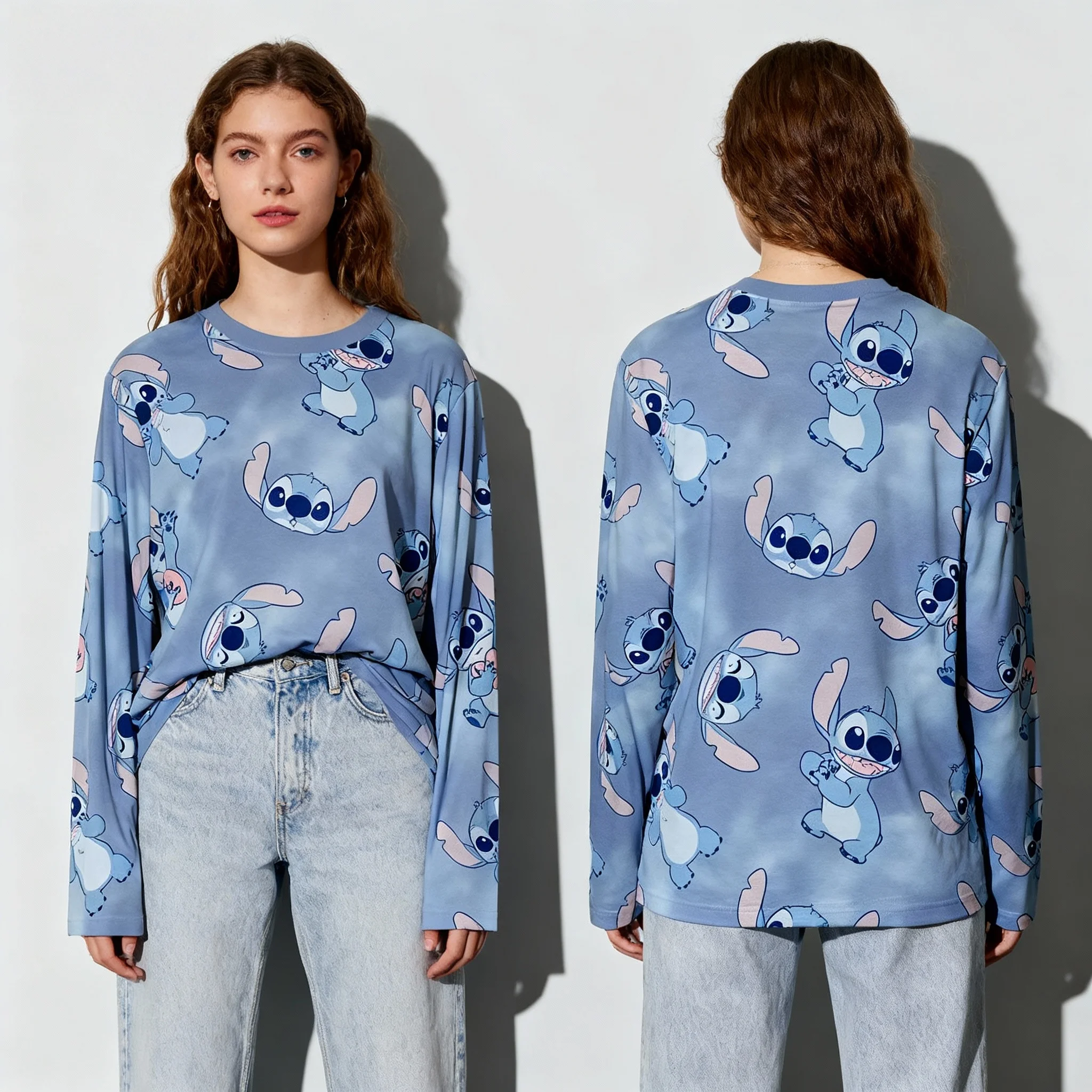 

Осень/зима, футболка с длинными рукавами Disney Animation Series Stitch King Lion King, уличная футболка большого размера для женщин, взрослых и детей в одном стиле