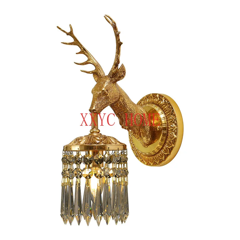 

Deer Head Copper Wall Lamp French Retro European Style Villa Living Room Bedroom Bedside Lamp