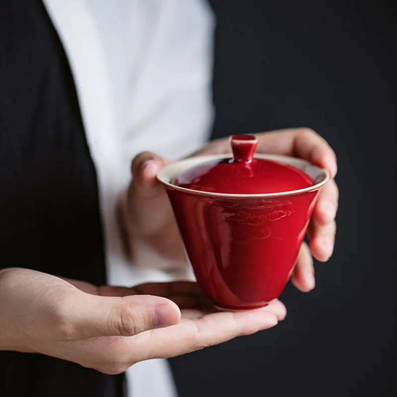 

Handcrafted Lang Red Cloud Cover Bowl Tea Set for Home Use Thick Ceramic Tea Brewing Bowl Non-Scalding Retro Style