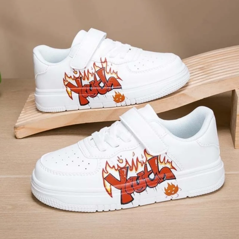 

Белые детские кроссовки с принтом, обувь для мальчиков, детские повседневные кроссовки на плоской подошве, осенние кожаные спортивные теннисные туфли для мальчиков