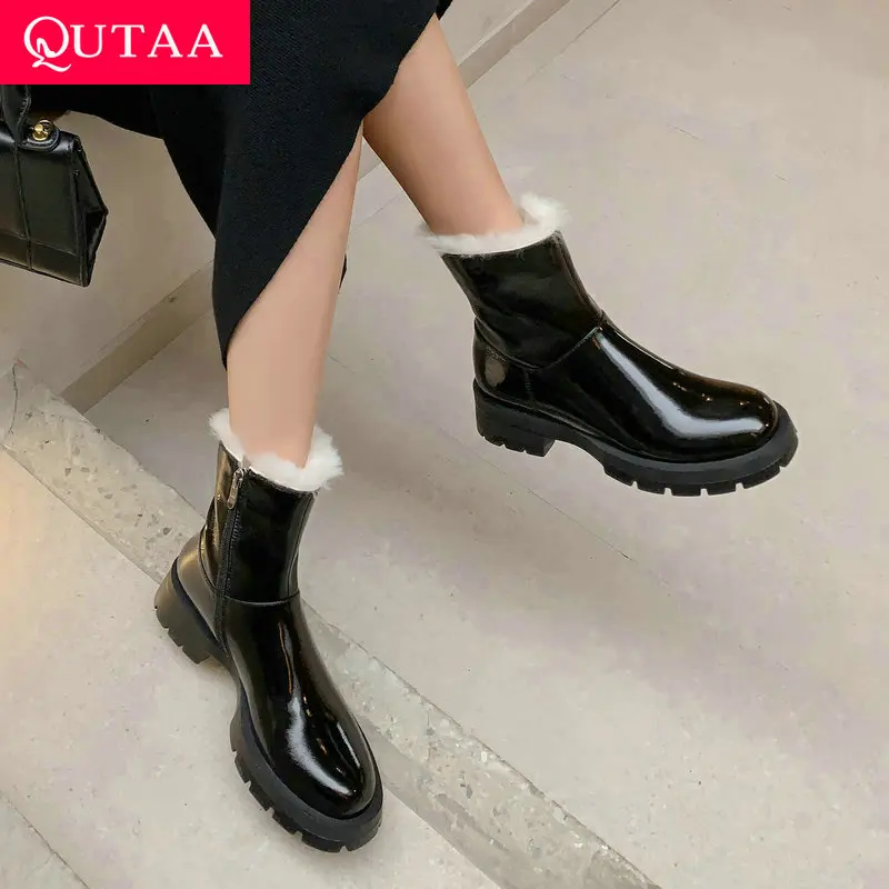 

QUTAA 2023 Winter Warm Women Ankle Boots Wool Genuine Leather Outdoor Casual Office Med Heel Shoes Woman Size 34-39