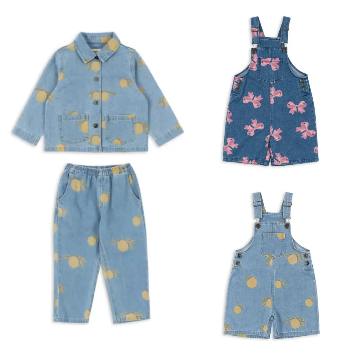 2025 Autumn  Baby Boys Lemon Print Jackets Kids Clothes Retro Denim Jeans Overalls Set for Boys Girls Bow Tie Dresses Coats