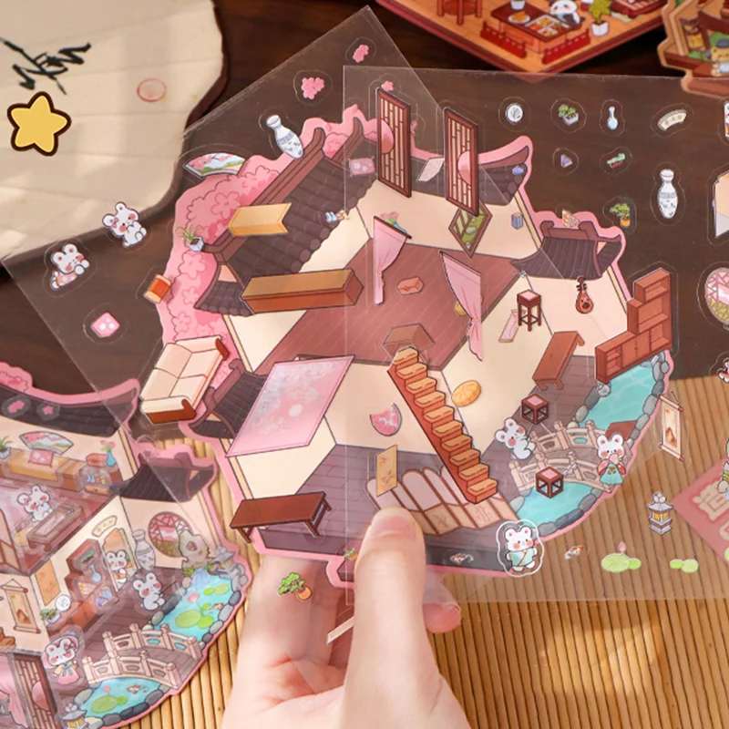 2 Sets Cartoon 3D Landscaping Stickers Cabin Scene Stacking Pasting Sticker Cute Miniature Life Scene Stickers Festival Gifts