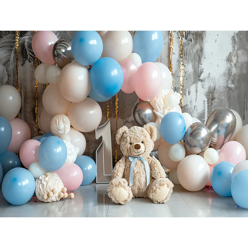 Фон для фотосъемки с днем рождения, кукла розового медведя, воздушный шар с водным рисунком, цветочные детские вечерние фоны SR-376