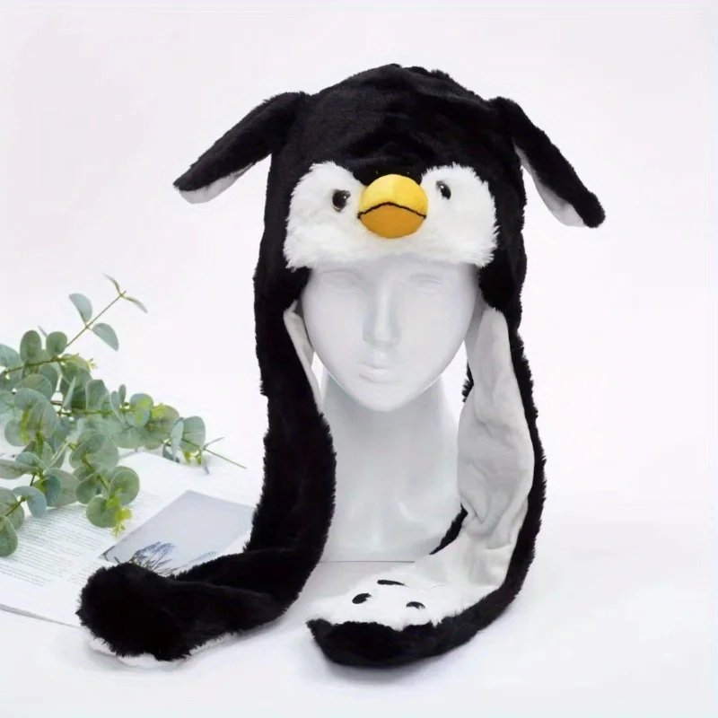 Anime-Themed Knit Fabric Penguin Hat w/ Ear Lift and Jump Function, Cute Plush Breathable Comfort Design, Fun Gift for All Ages
