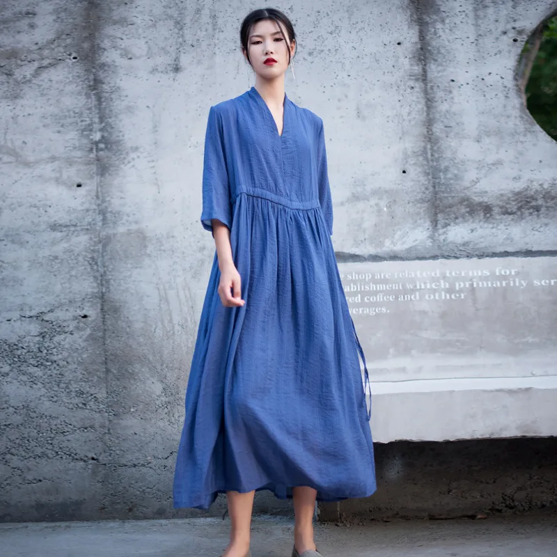 New Arrival Arts Style Summer Women Dress Loose Casual A-line Half Sleeve Mid-calf V-neck Good Quality Cotton Linen Dresses Y133
