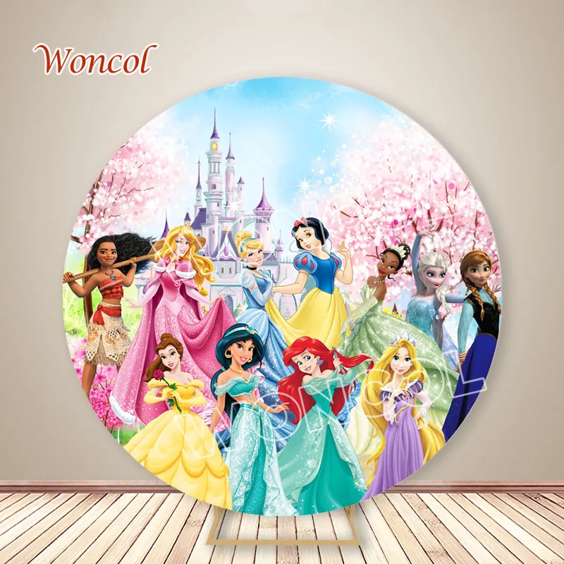 Disney Princess Circle Cover Aurora Belle Cinderella Princess Birthday Backdrop Snow White Ariel Rapunzel Tiana Cylinder Cover