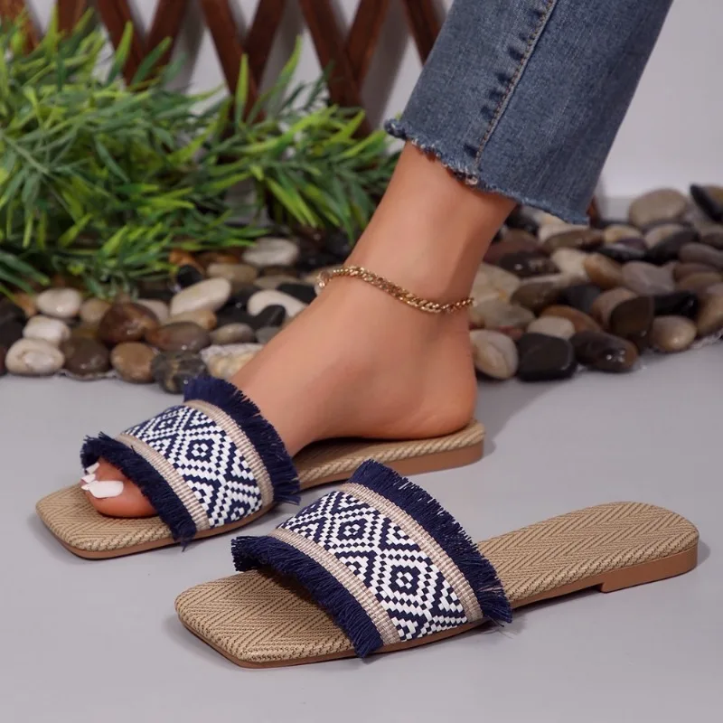 Women Summer Straw Woven Casual Slippers Outdoor Espadrille Flip-flops Fashion Flat Ladies Sandals and Slippers Large Size 43