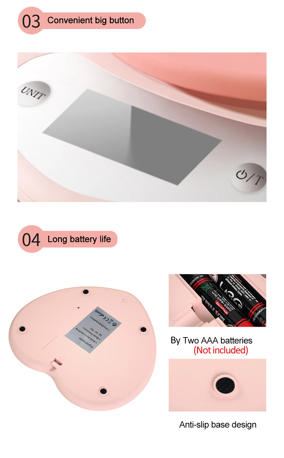 Multifunktionale Küchenwaage in Rosa Herzform, Tragbare Hochpräzise Digitalwaage 5kg/1g 3kg/0,1g LCD Elektronische Waage – Detail 8