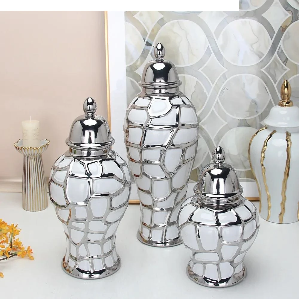 Ceramic General Pot Silver Grid  Porcelain Ginger Jar Storage with Cover Flower Vase Home Furnishing Decoration Vases Pots