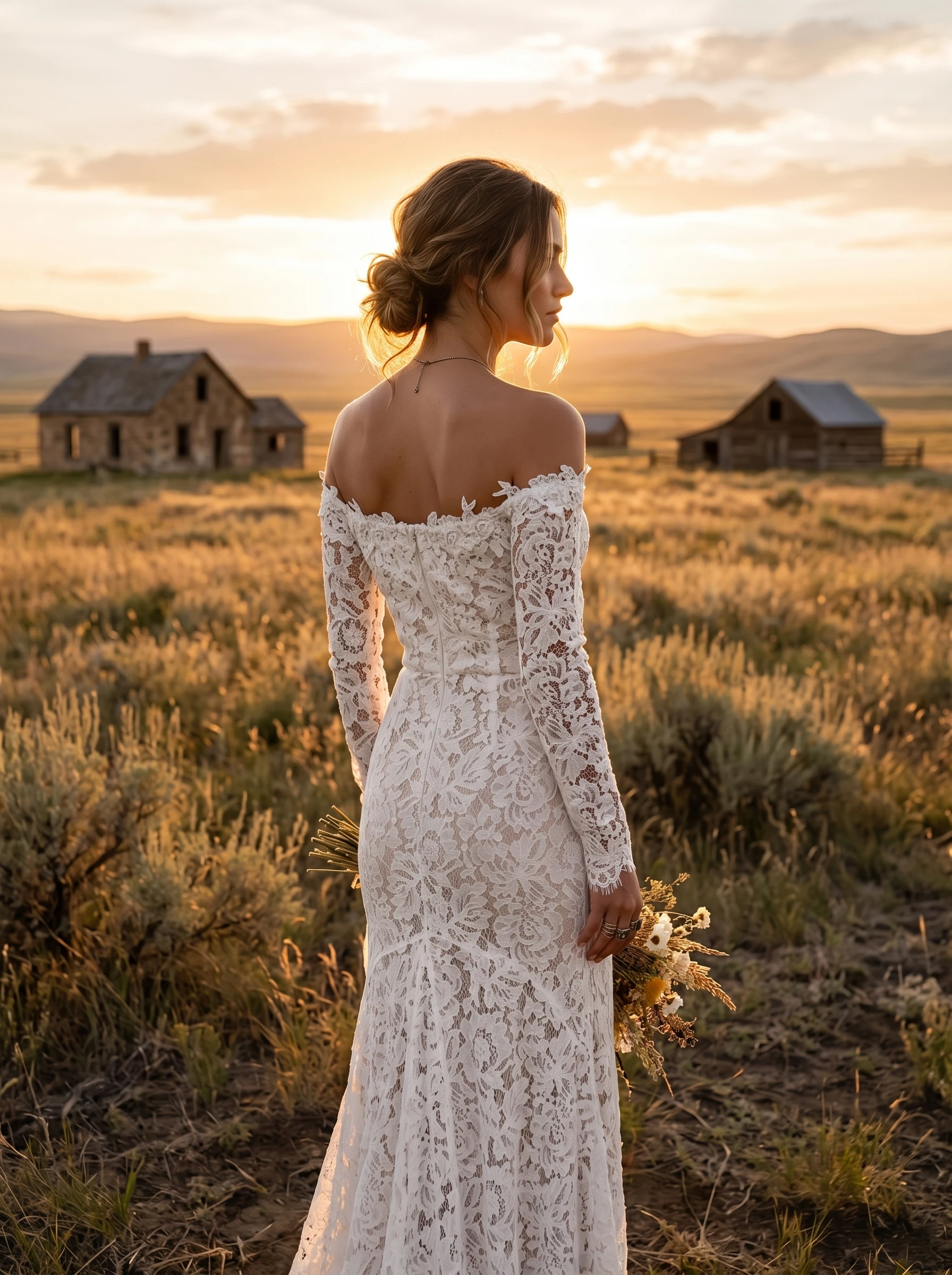 Off Shoulder Sleeve  Lace Mermaid Wedding Dress Scalloped Hem Sweep Train Boho Rustic Bridal Gown Custom Ivory Vestido De Novia