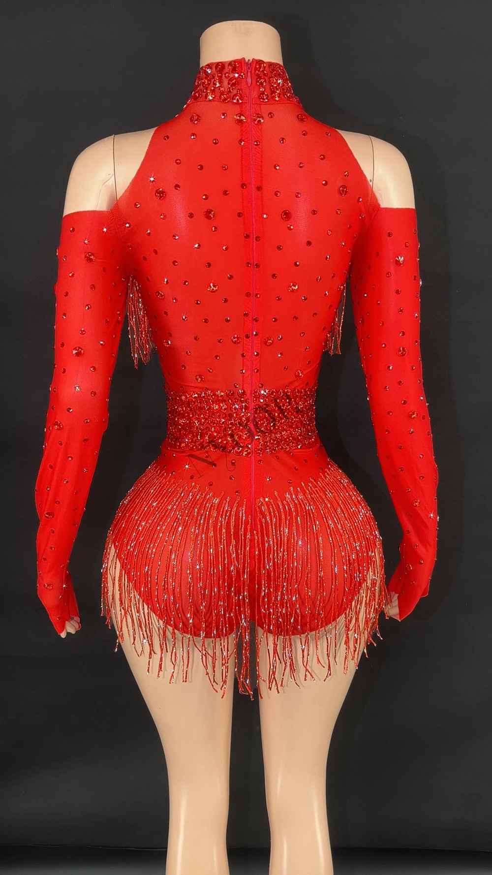 Sparkly Rhinestones Fringes Red Bodysuit for Women Sexy Mesh Performance Dance Costume Dancer Stage Wear Nightclub Outfit